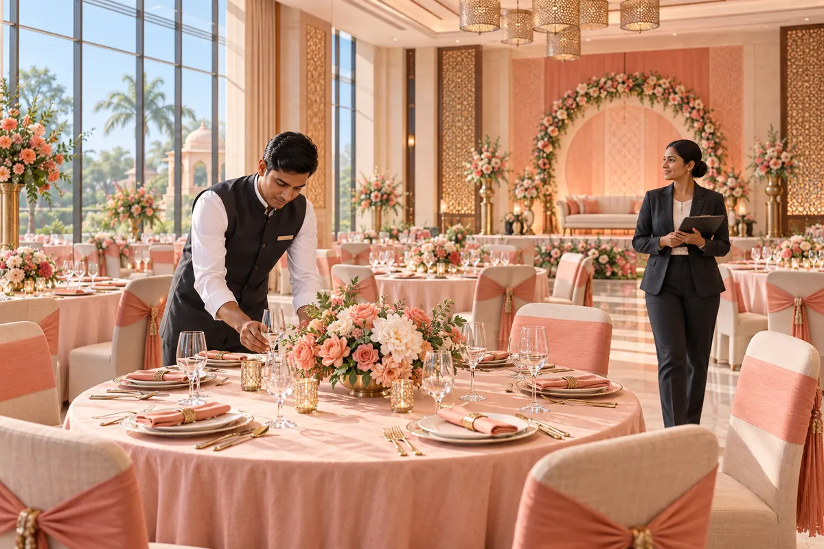 Original illustrative banquet halls & convention centres scene; not a customer property.